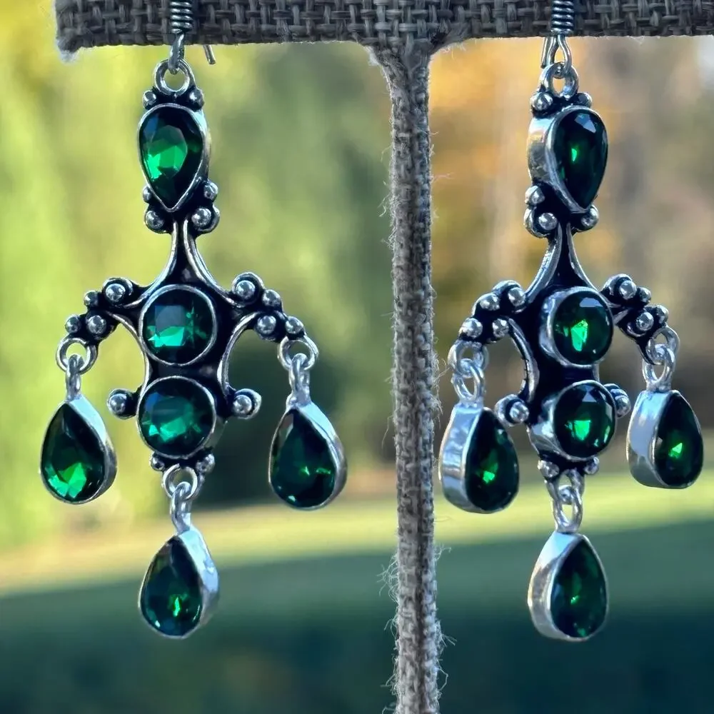 925 Sterling Green Quartz Chandelier Dangle Earrings